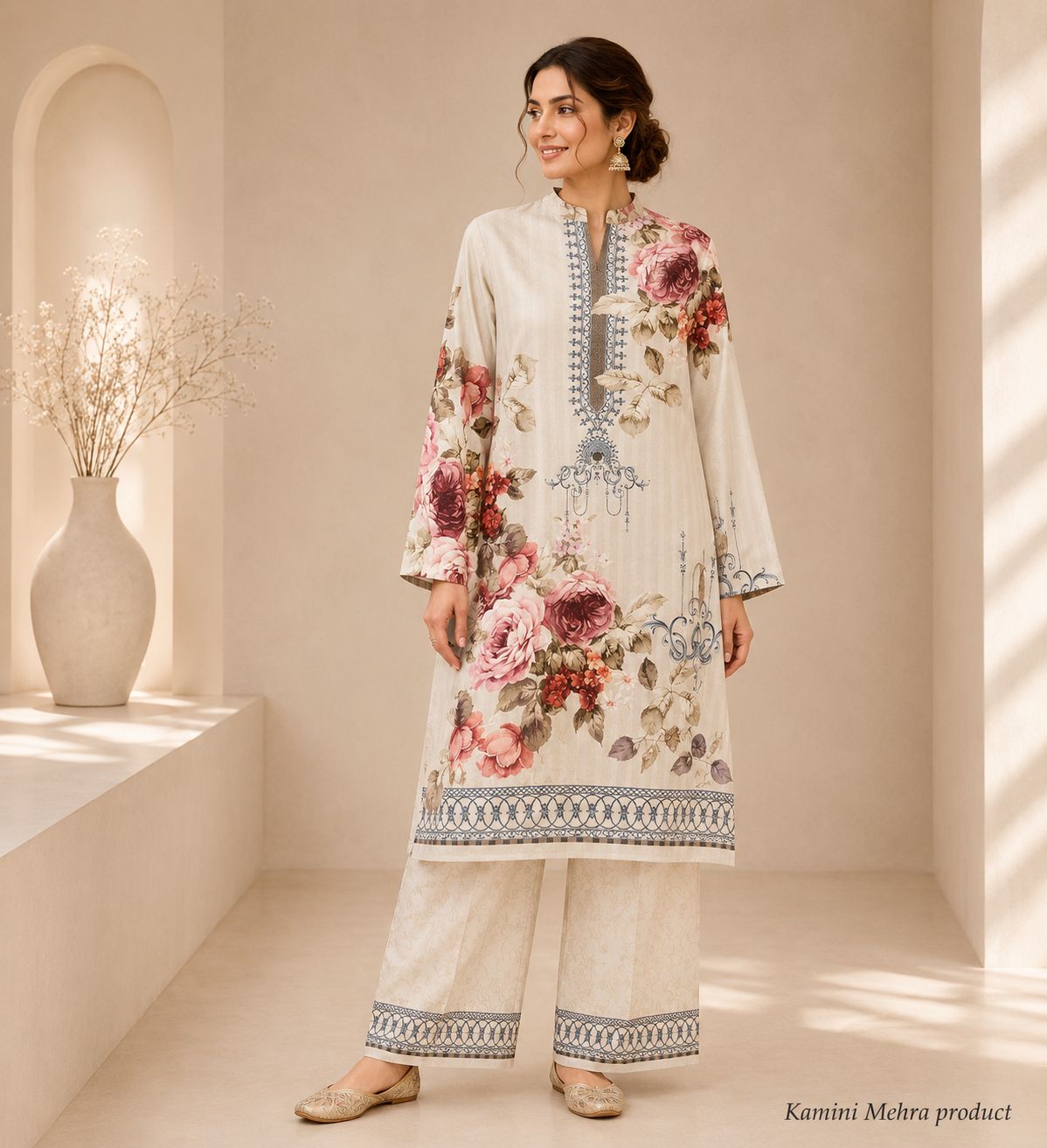 Gulbahar Slate — Dusty Blue Botanical Kurta Set